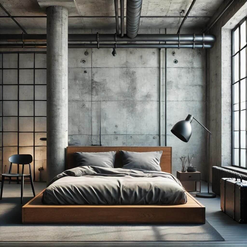 Surowa sypialnia w stylu loft z betonowymi ścianami i rurami widocznymi na suficie. Łóżko z drewnianą ramą oraz szare pościele tworzą minimalistyczny wystrój, podkreślony przez przemysłowe oświetlenie i surowe materiały.