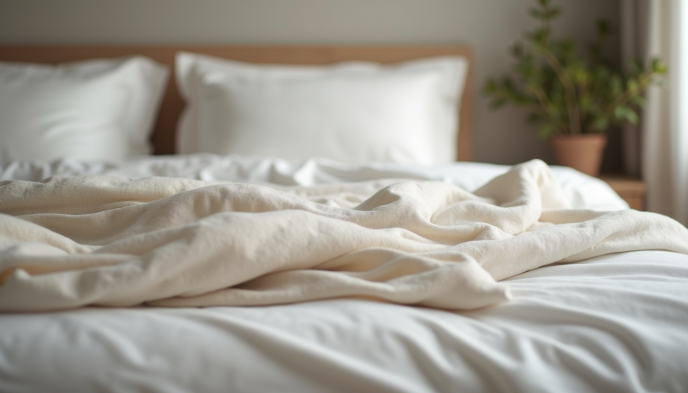 Eye-level view of neatly arranged bed with linen made of natural fabrics