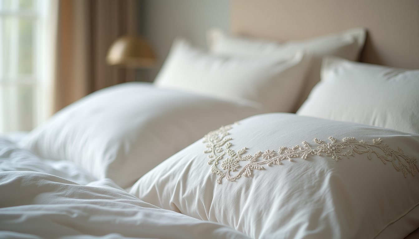 Close-up view of elegant embroidered bedding fabric