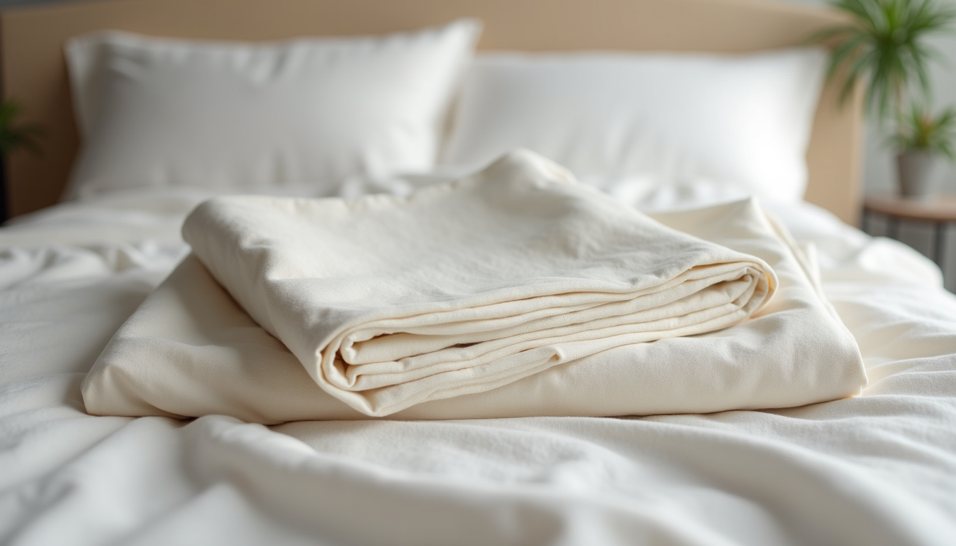 Close-up view of folded luxury bed linen in neutral colors
