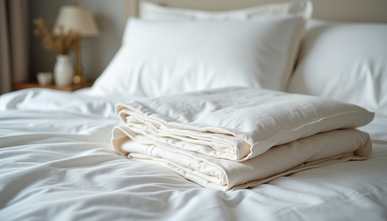 Eye-level view of folded Egyptian cotton bedding set on bed