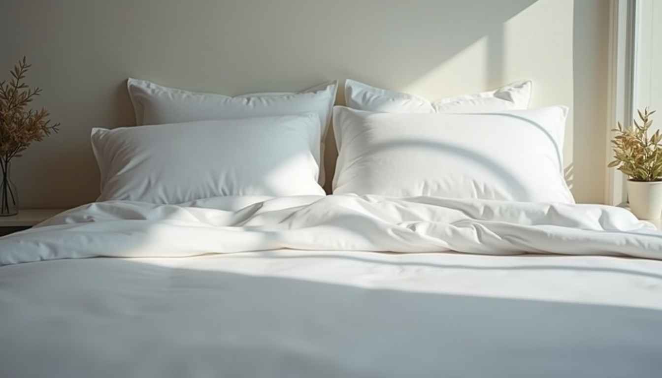 Eye-level view of a neatly made bed with luxurious white bedding