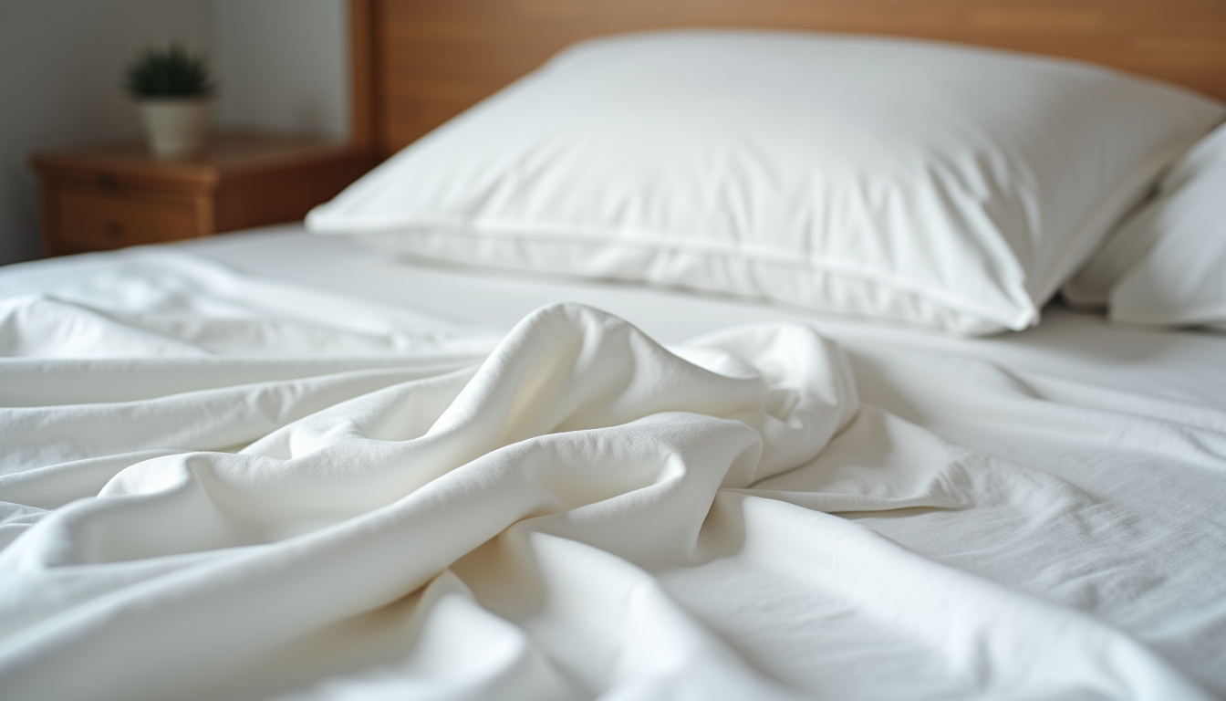 Eye-level view of folded Egyptian cotton sheets on a bed