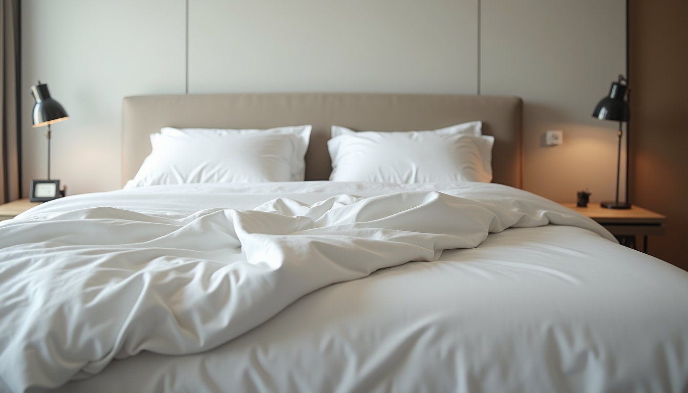 Eye-level view of neatly arranged luxury bedding on a modern bed