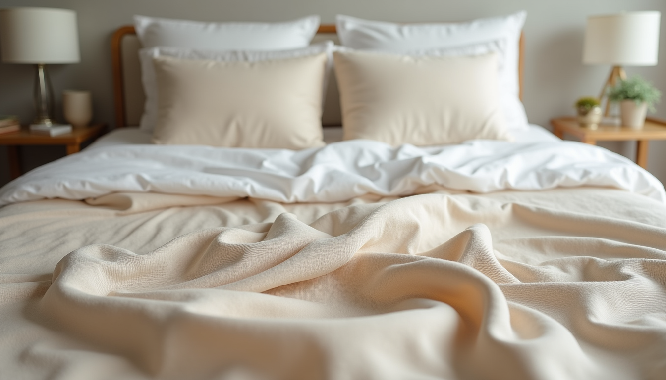 Eye-level view of a neatly made bed with a beige 220x240 cm bedspread