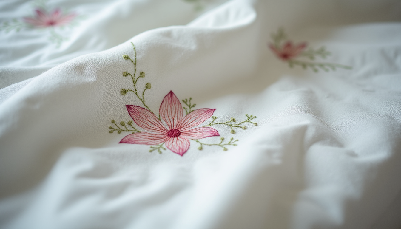 Close-up view of embroidered bedding fabric showing detailed stitching