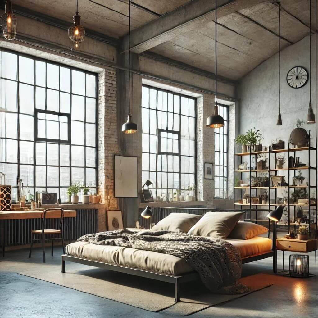 Surowa sypialnia w stylu loft z betonowymi ścianami i rurami widocznymi na suficie. Łóżko z drewnianą ramą oraz szare pościele tworzą minimalistyczny wystrój, podkreślony przez przemysłowe oświetlenie i surowe materiały.