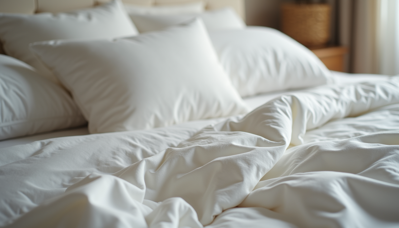 Close-up view of folded luxury bedding set on bed