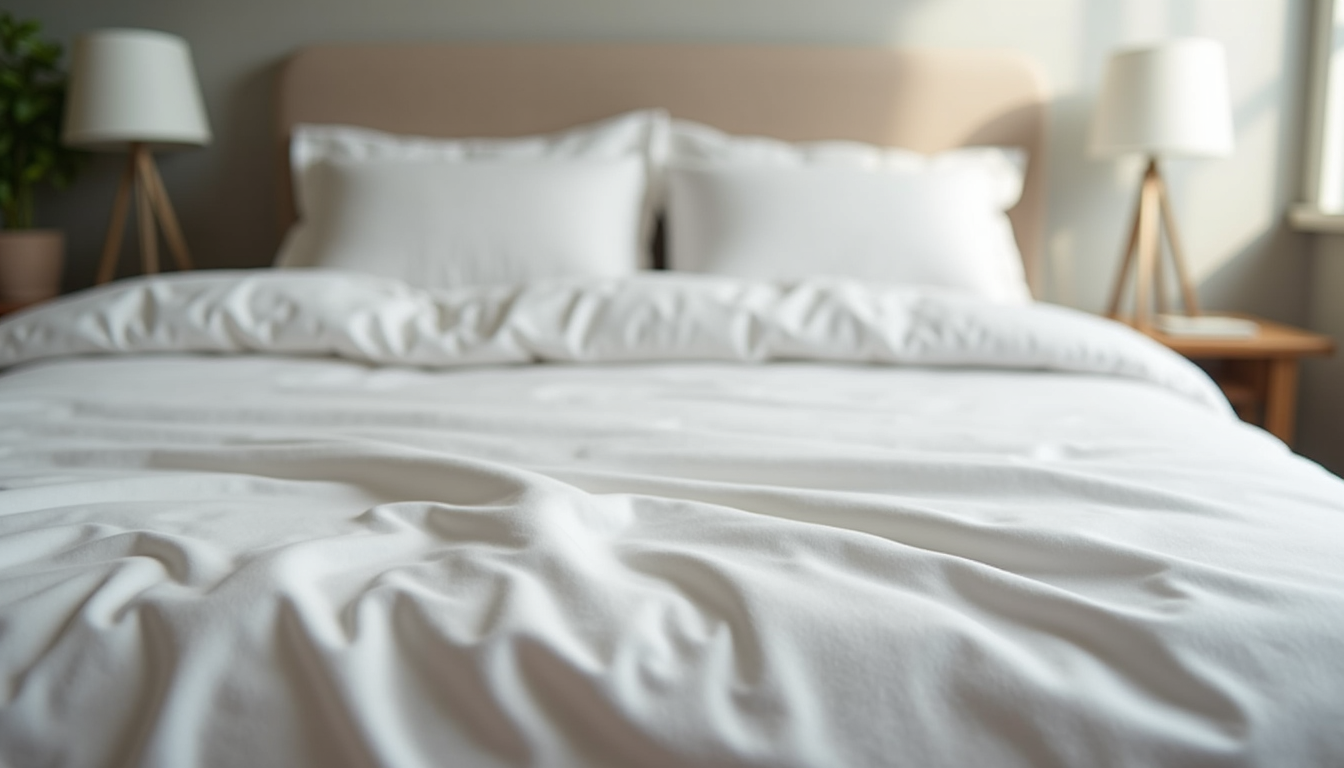 Eye-level view of a neatly made bed with premium cotton bedding