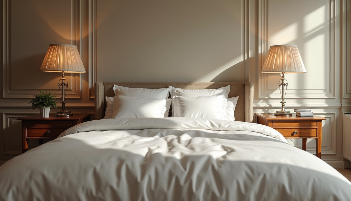 Eye-level view of elegant bedroom with luxury bedding