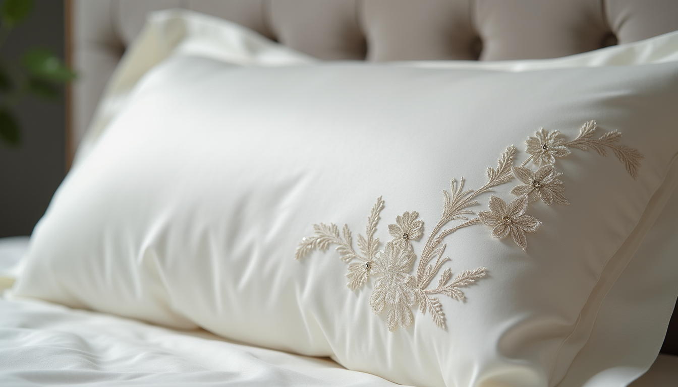 Close-up of luxury satin pillowcase with elegant embroidery