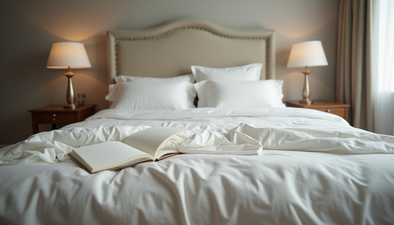 Eye-level view of elegant bed with neatly spread bedspread