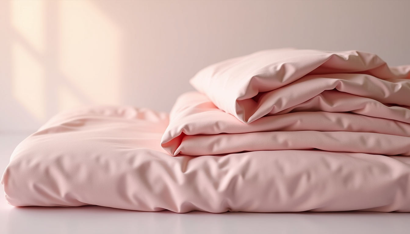 Close-up view of folded luxury bedding fabric in soft pastel colors