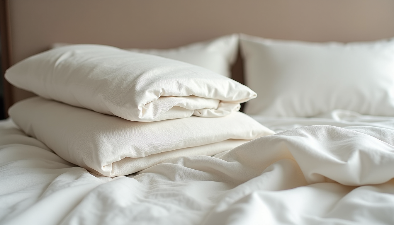 Close-up view of folded luxury bed linen in neutral colors