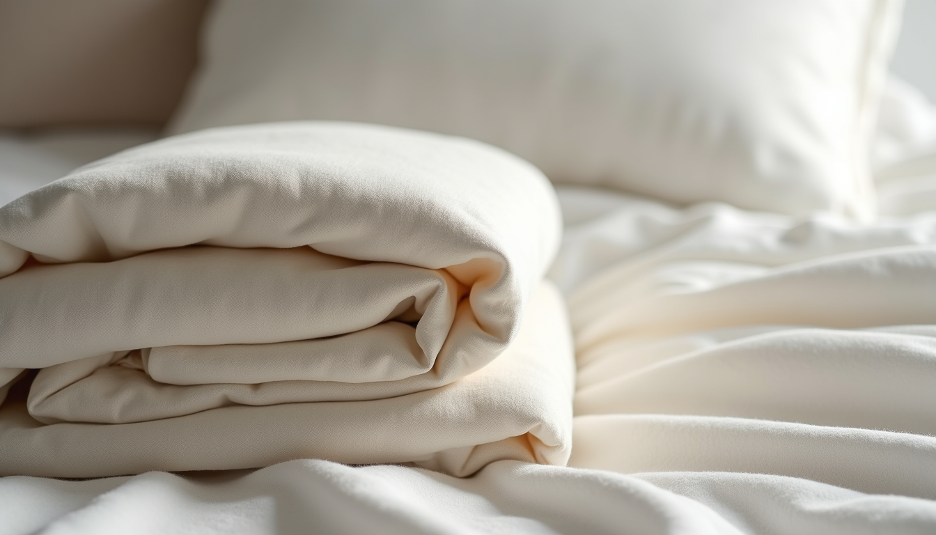 Close-up view of folded luxury bed linen in neutral colors