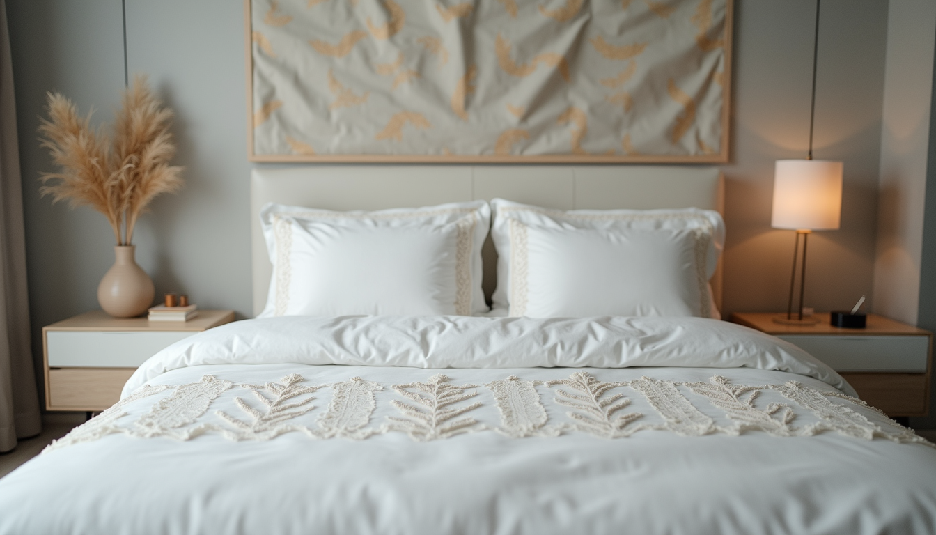 Eye-level view of a neatly made bed with embroidered bedding in a modern bedroom