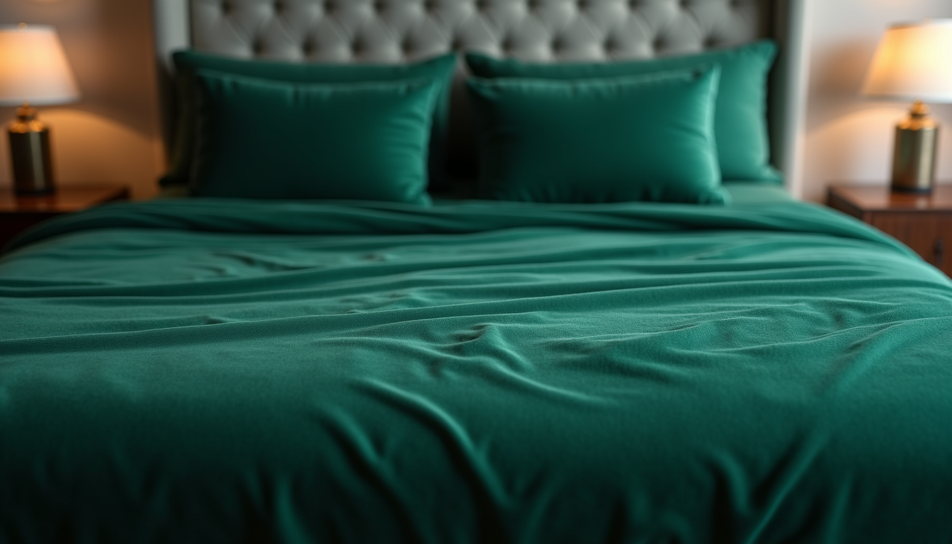 Close-up of a luxurious velvet bedspread in deep green color on a large bed