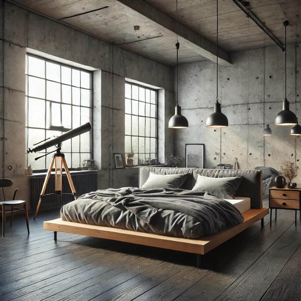 Surowa sypialnia w stylu loft z betonowymi ścianami i rurami widocznymi na suficie. Łóżko z drewnianą ramą oraz szare pościele tworzą minimalistyczny wystrój, podkreślony przez przemysłowe oświetlenie i surowe materiały.
