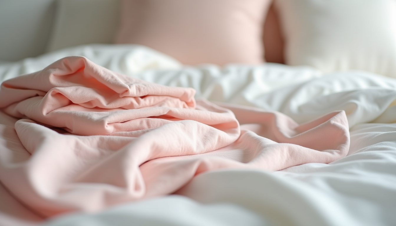 Eye-level view of neatly folded luxury bed linen in soft pastel colors