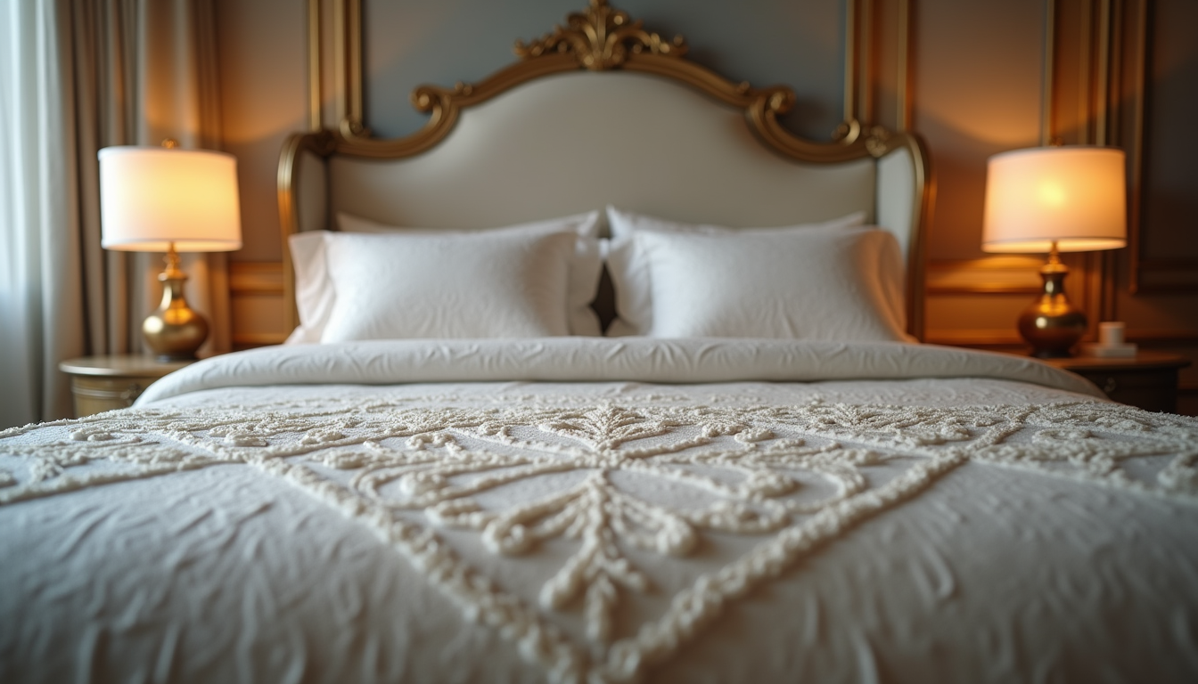 Eye-level view of elegant bed with a large decorative bedspread