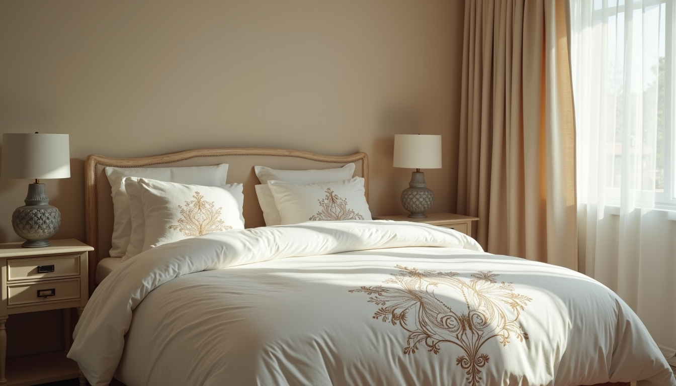 Eye-level view of a bedroom with embroidered bedding and matching decor
