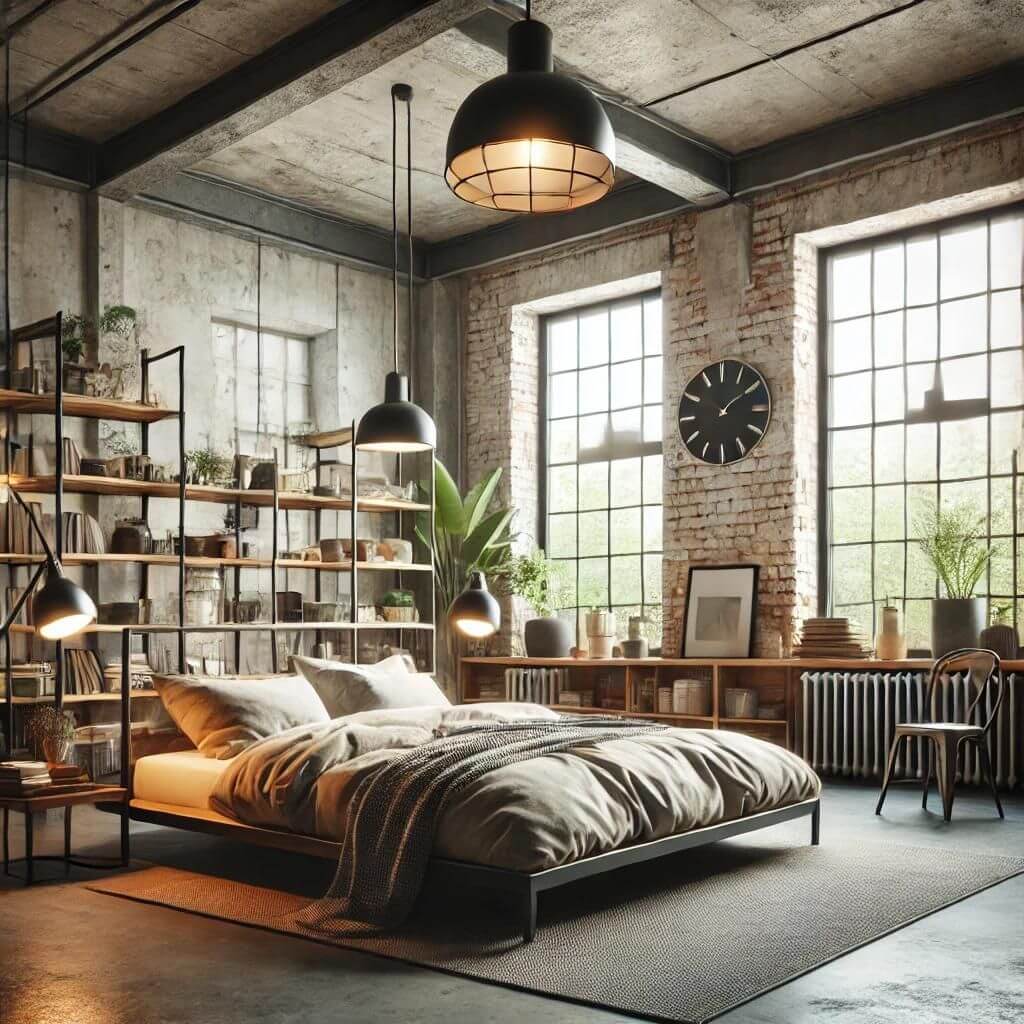 Surowa sypialnia w stylu loft z betonowymi ścianami i rurami widocznymi na suficie. Łóżko z drewnianą ramą oraz szare pościele tworzą minimalistyczny wystrój, podkreślony przez przemysłowe oświetlenie i surowe materiały.