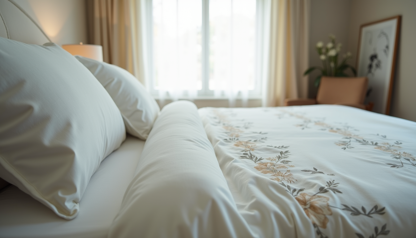 Eye-level view of a neatly made bed with embroidered bedding in a modern bedroom