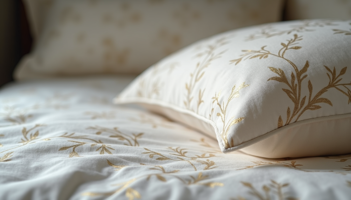 Close-up view of folded luxury bedding with elegant patterns