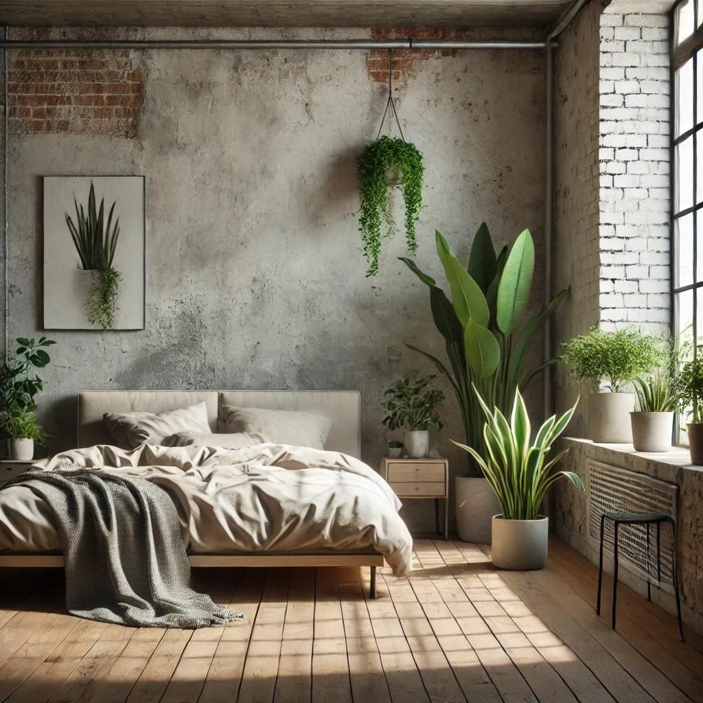 Surowa sypialnia w stylu loft z betonowymi ścianami i rurami widocznymi na suficie. Łóżko z drewnianą ramą oraz szare pościele tworzą minimalistyczny wystrój, podkreślony przez przemysłowe oświetlenie i surowe materiały.