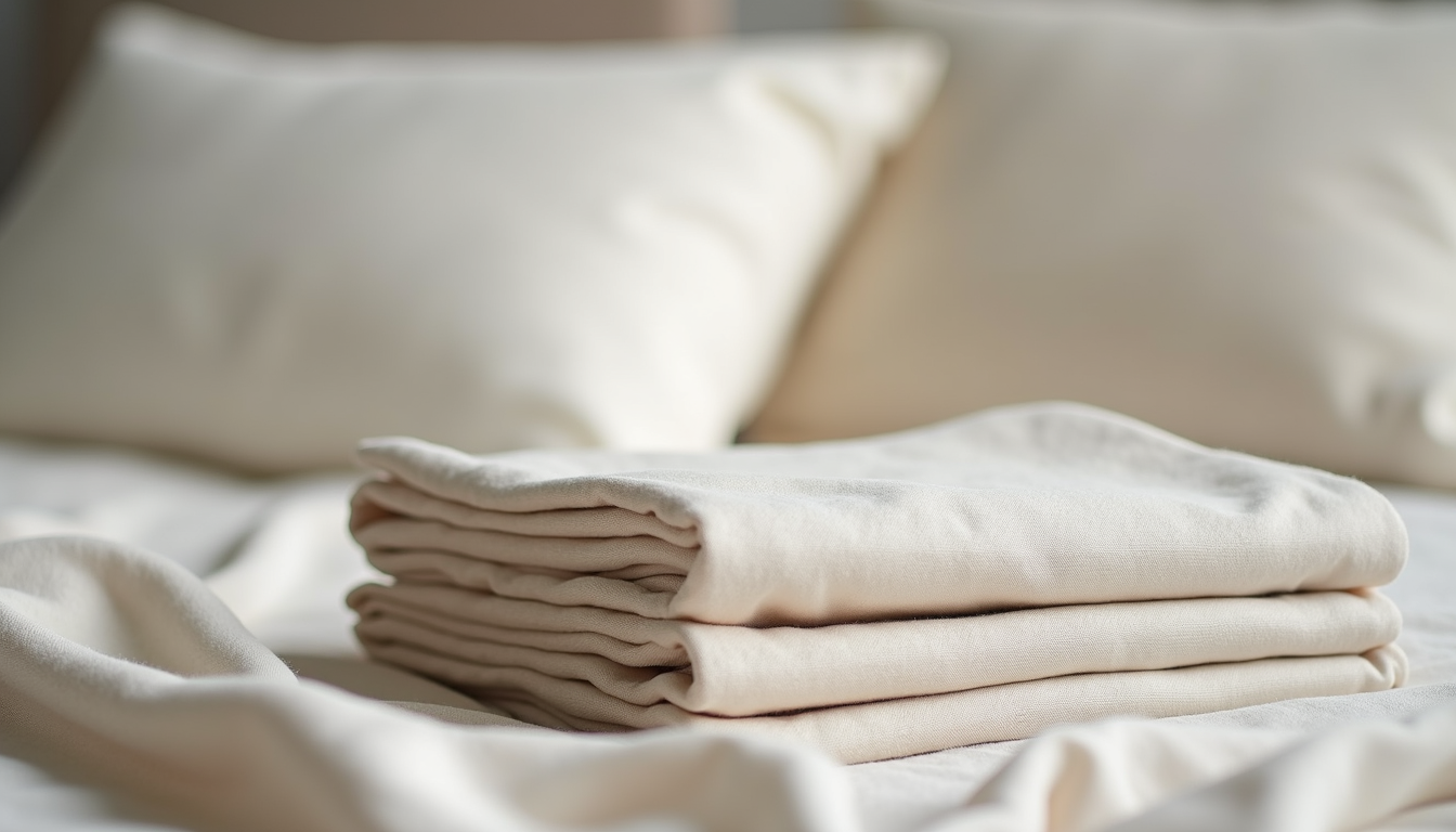 Close-up view of folded luxury bed linen in neutral colors