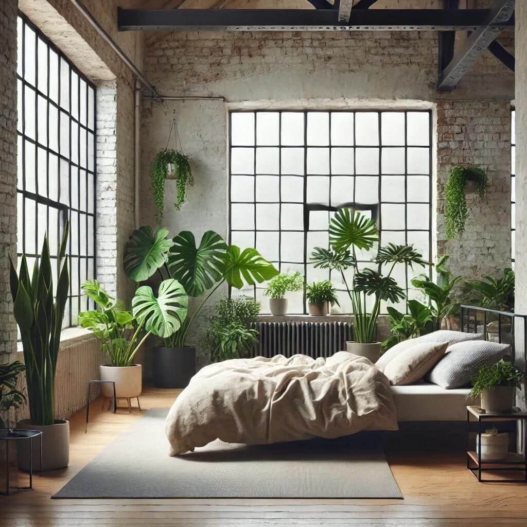 Sypialnia w stylu loftowym z dużymi oknami i ceglaną ścianą, udekorowana licznymi roślinami doniczkowymi, takimi jak monstera i sansewieria, w minimalistycznych donicach. Łóżko z naturalną, jasną pościelą umieszczone na drewnianej podłodze, z roślinami dodającymi przytulności i świeżości.