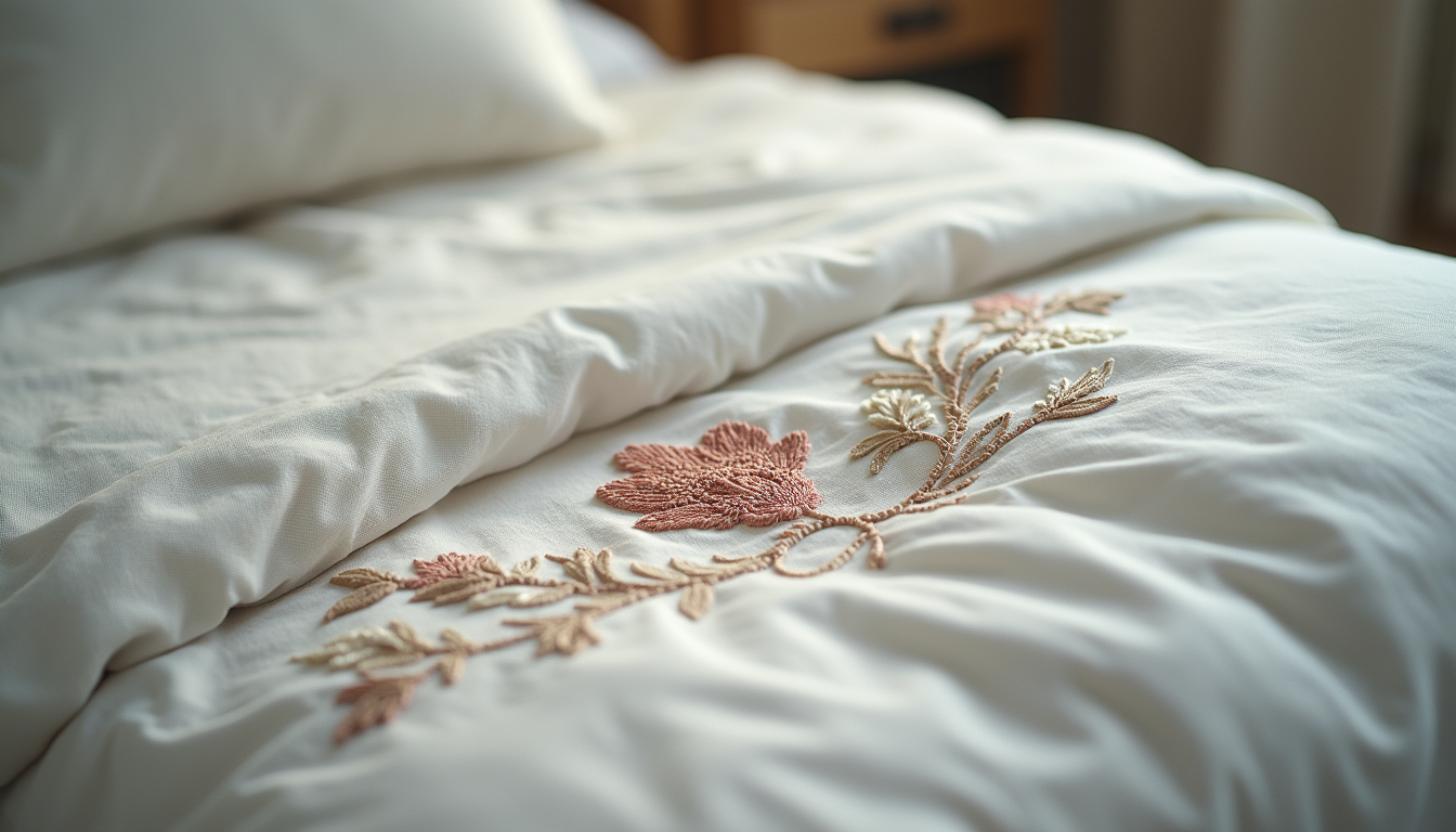 Close-up view of embroidered bedding with intricate floral patterns
