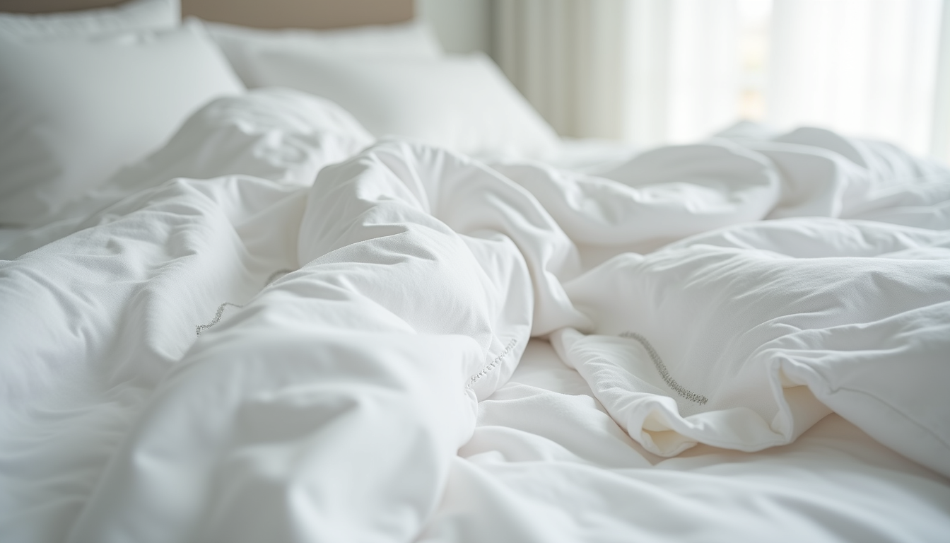 Close-up view of luxurious white bed linen with delicate stitching