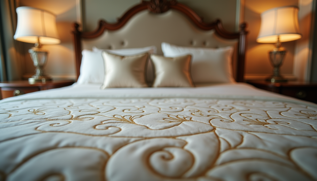 Eye-level view of elegant bed with a large decorative bedspread