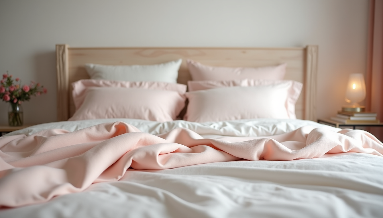 Eye-level view of neatly made bed with premium linen in soft pastel colors